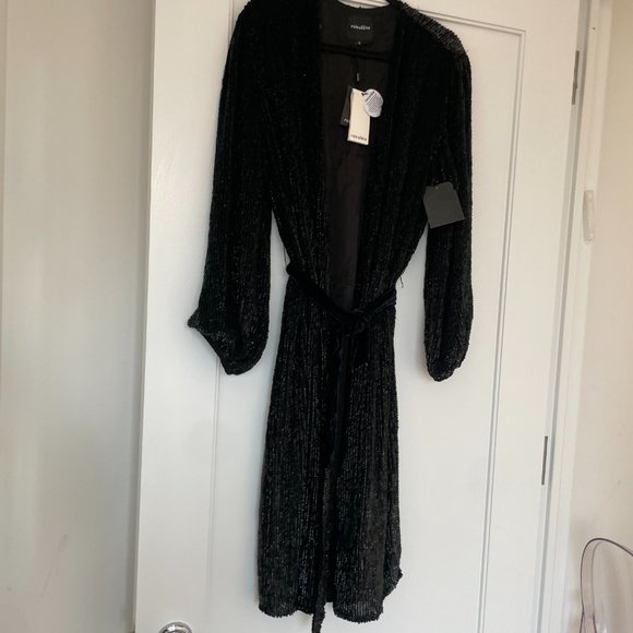 Retrofete Audrey Robe Dress Shiny Black Blue Sequins Wrap Style Midi Dress - Picture 10 of 16